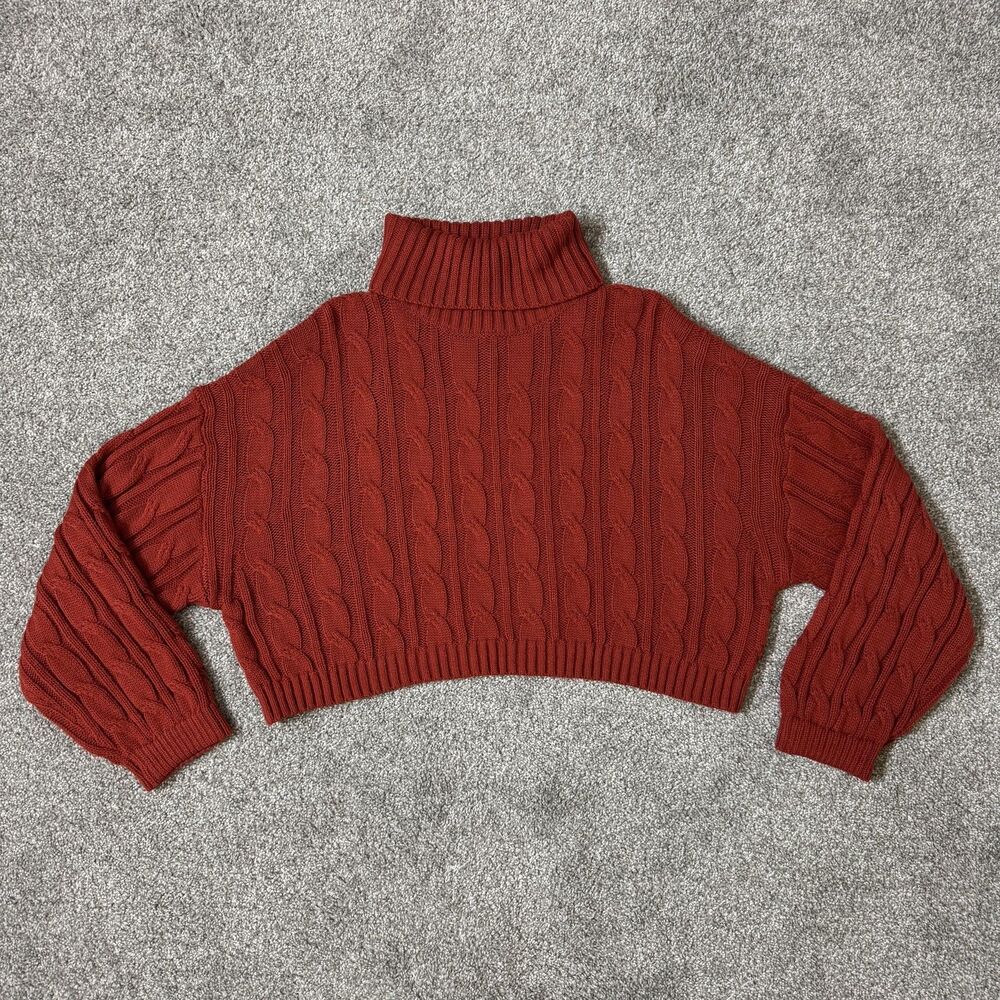 Love Tree Sweater Womens Small Rust Red Turtleneck Cropped Cable Knit Pullover